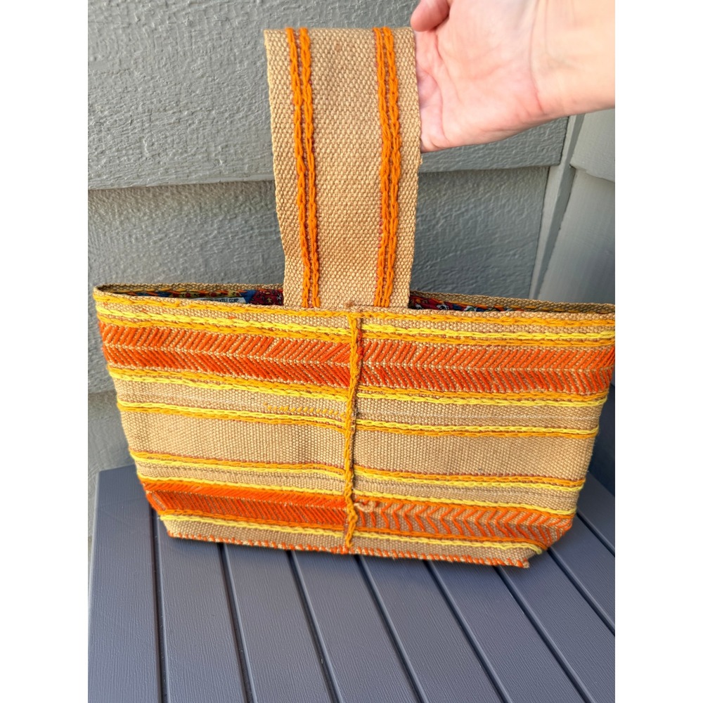 Vintage Burlap Embroidered Tote Bag Patchwork Floral Lining Boho 1970s - BN
